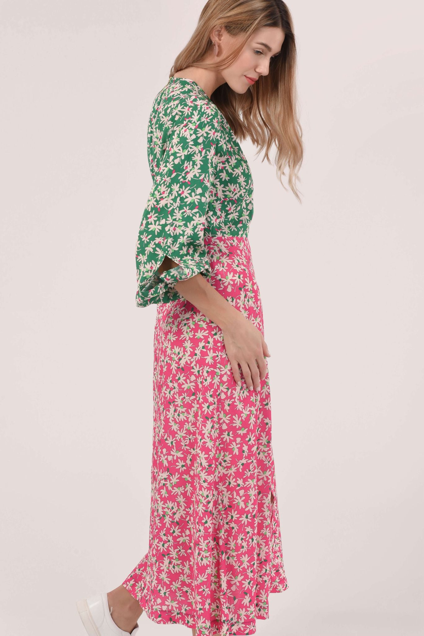 Molly Pink & Green Floral A Line Midi Dress